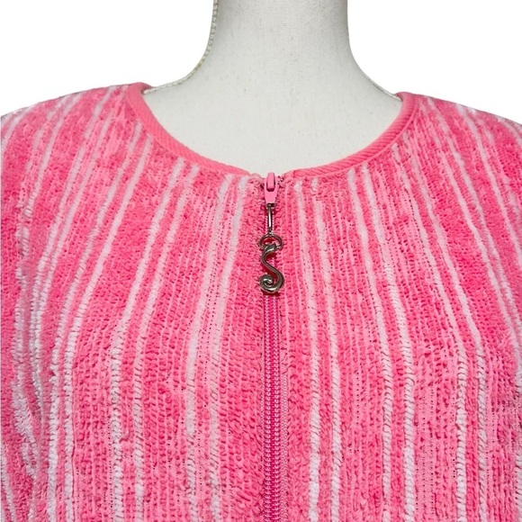 STAN HERMAN WOMEN’S TERRY CLOTH SHORT ROBE SIZE MEDIUM PINK WITH WHITE STRIPES - Picture 2 of 16